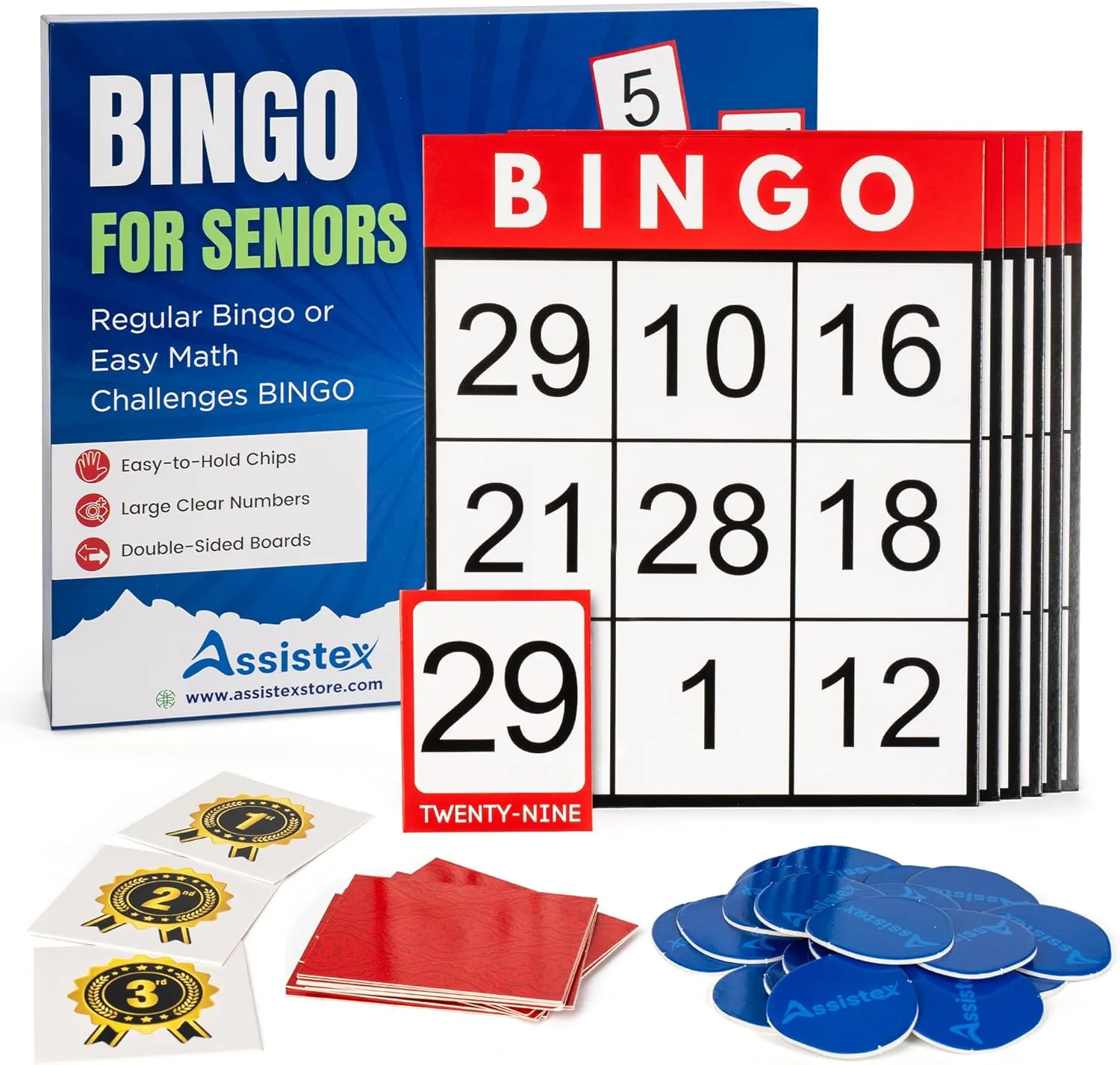Assistex Large Print Bingo Cards for Seniors - Double-Sided Jumbo Bingo Cards with Complete Set, Fun Elderly Card Games, Perfect for Assisted Living and Stress Relief Activities