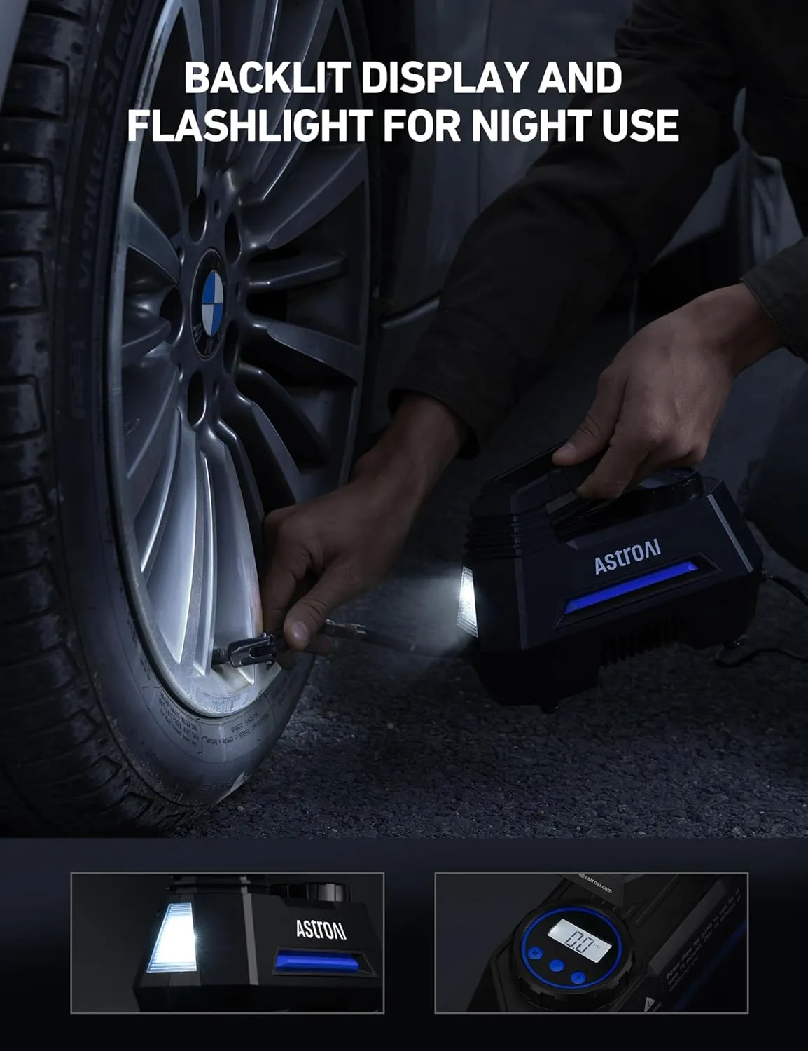 AstroAI Tire Inflator Portable Air Compressor Tire Air Pump for Car Tires - Car Accessories, 12V DC Auto Pump with Digital Pressure Gauge, Emergency LED Light for Bicycle, Balloons, Blue