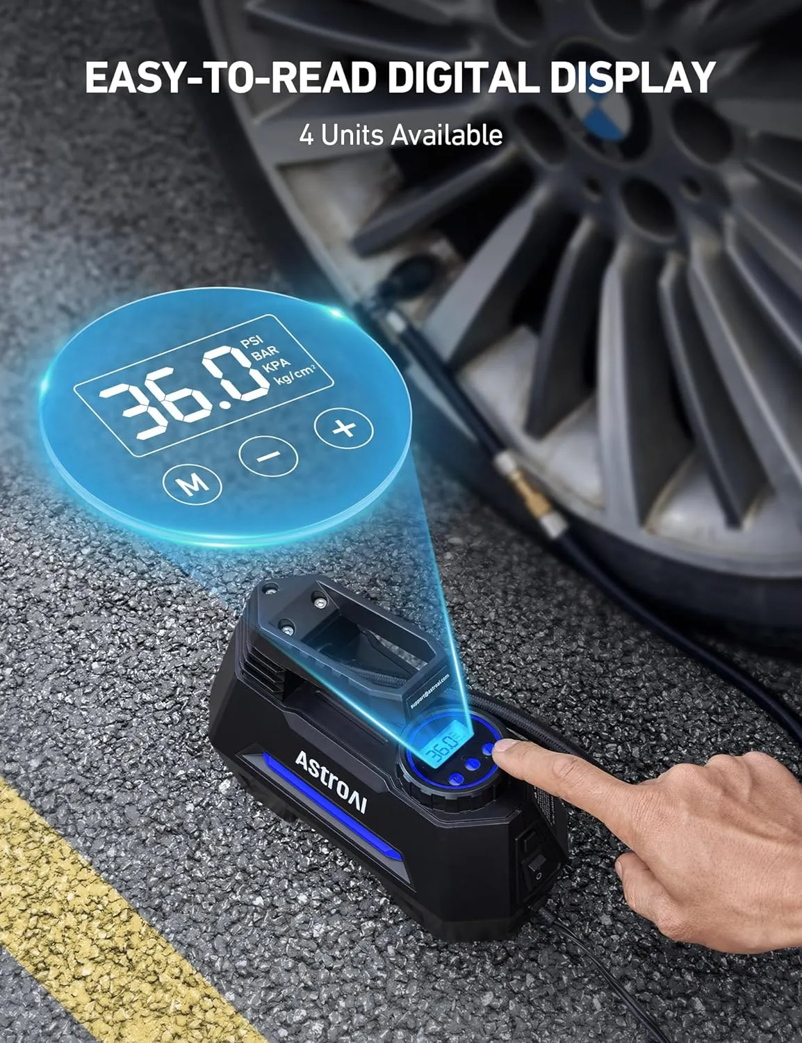 AstroAI Tire Inflator Portable Air Compressor Tire Air Pump for Car Tires - Car Accessories, 12V DC Auto Pump with Digital Pressure Gauge, Emergency LED Light for Bicycle, Balloons, Blue