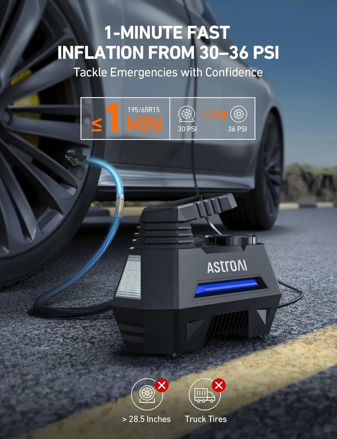 AstroAI Tire Inflator Portable Air Compressor Tire Air Pump for Car Tires - Car Accessories, 12V DC Auto Pump with Digital Pressure Gauge, Emergency LED Light for Bicycle, Balloons, Blue