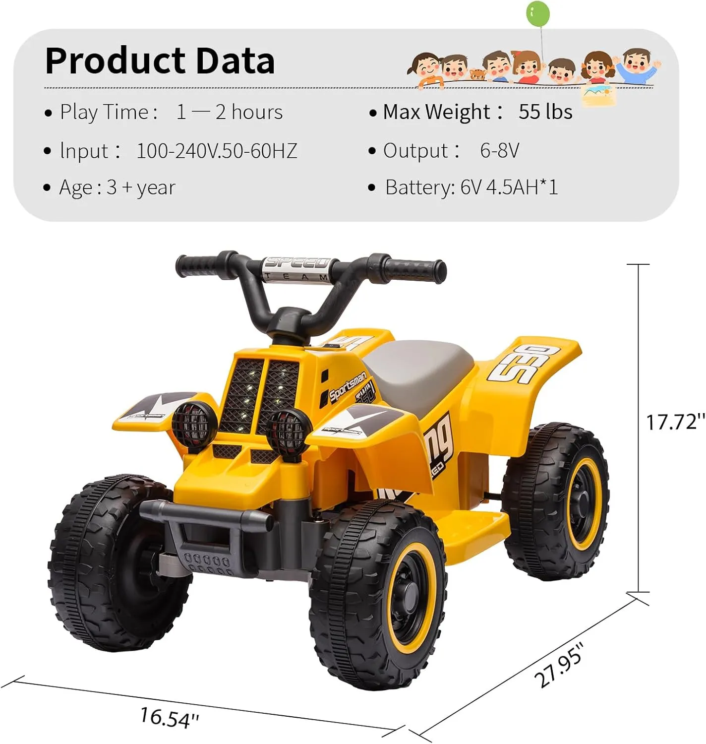 ATV for Kids, 6V Battery Powered Toddler 4 Wheeler w/Music, Light, 1.5mph Max Speed, Kids ATV 4 Wheeler 3  Years， Yellow