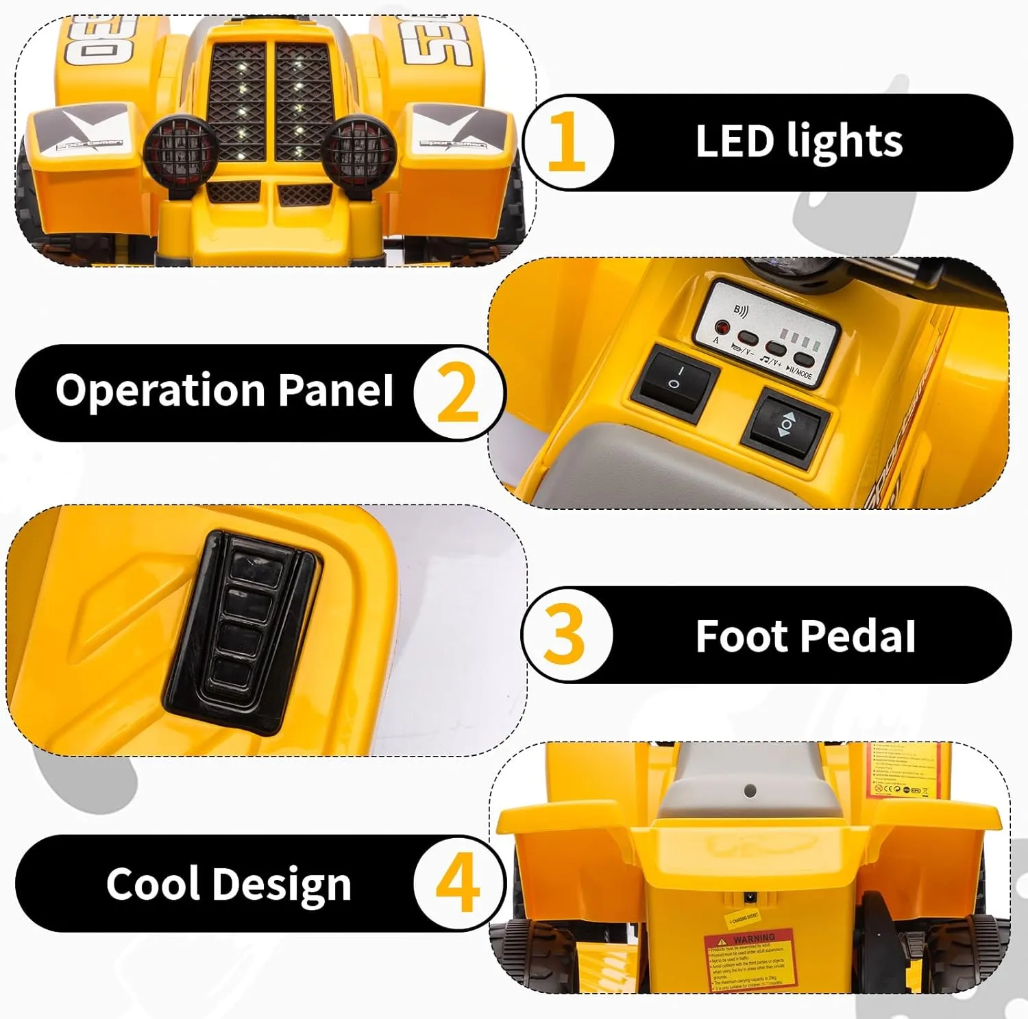 ATV for Kids, 6V Battery Powered Toddler 4 Wheeler w/Music, Light, 1.5mph Max Speed, Kids ATV 4 Wheeler 3  Years， Yellow