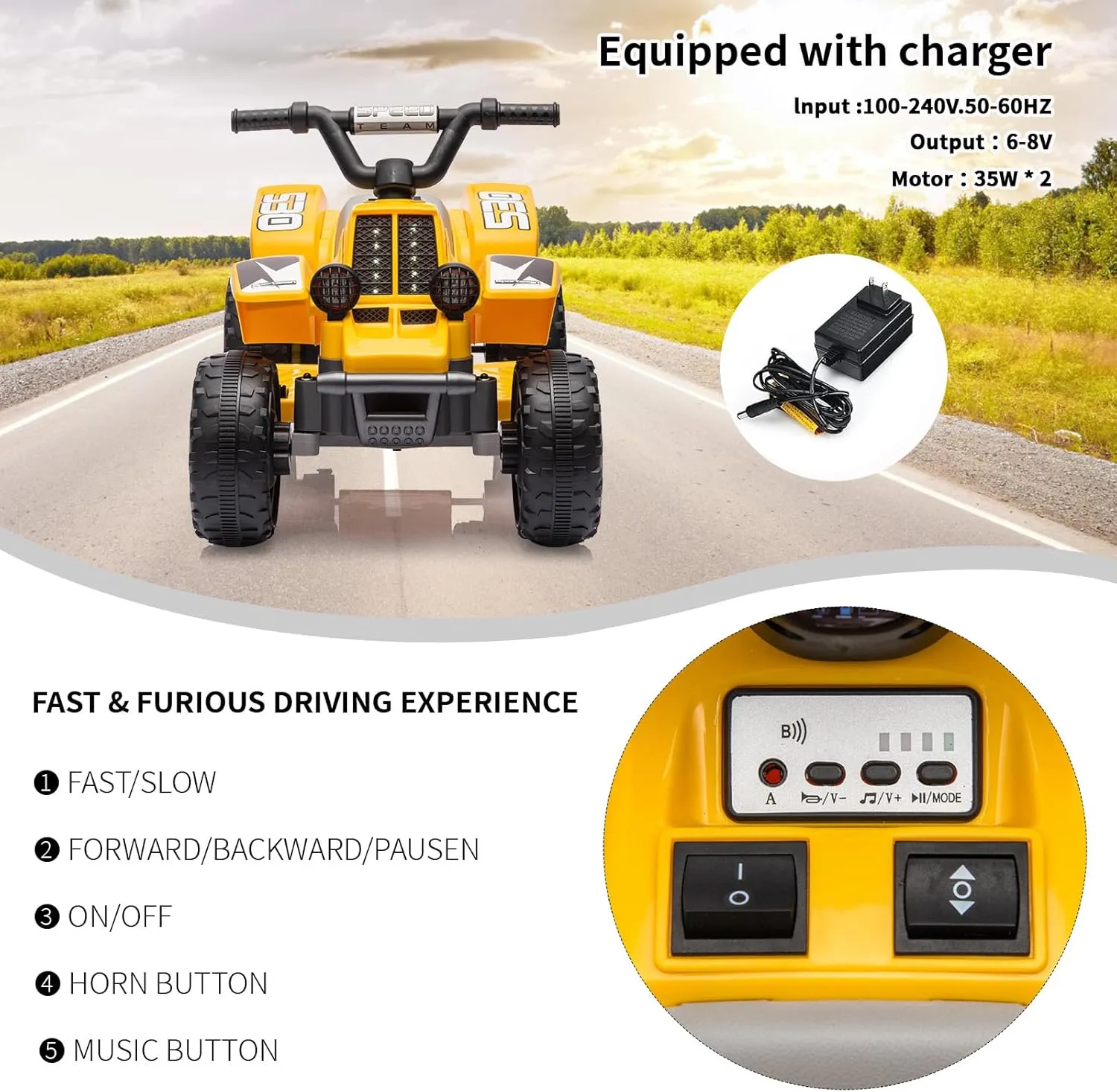 ATV for Kids, 6V Battery Powered Toddler 4 Wheeler w/Music, Light, 1.5mph Max Speed, Kids ATV 4 Wheeler 3  Years， Yellow