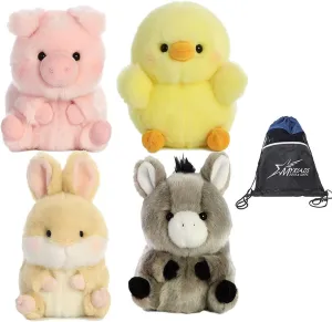 Aurora Rolly Pets Farm Set of 4 Plushies: Bray Donkey, Chickadee Chick, Prankster Pig and Bunbun Bunny, with Myriads Drawstring Bag