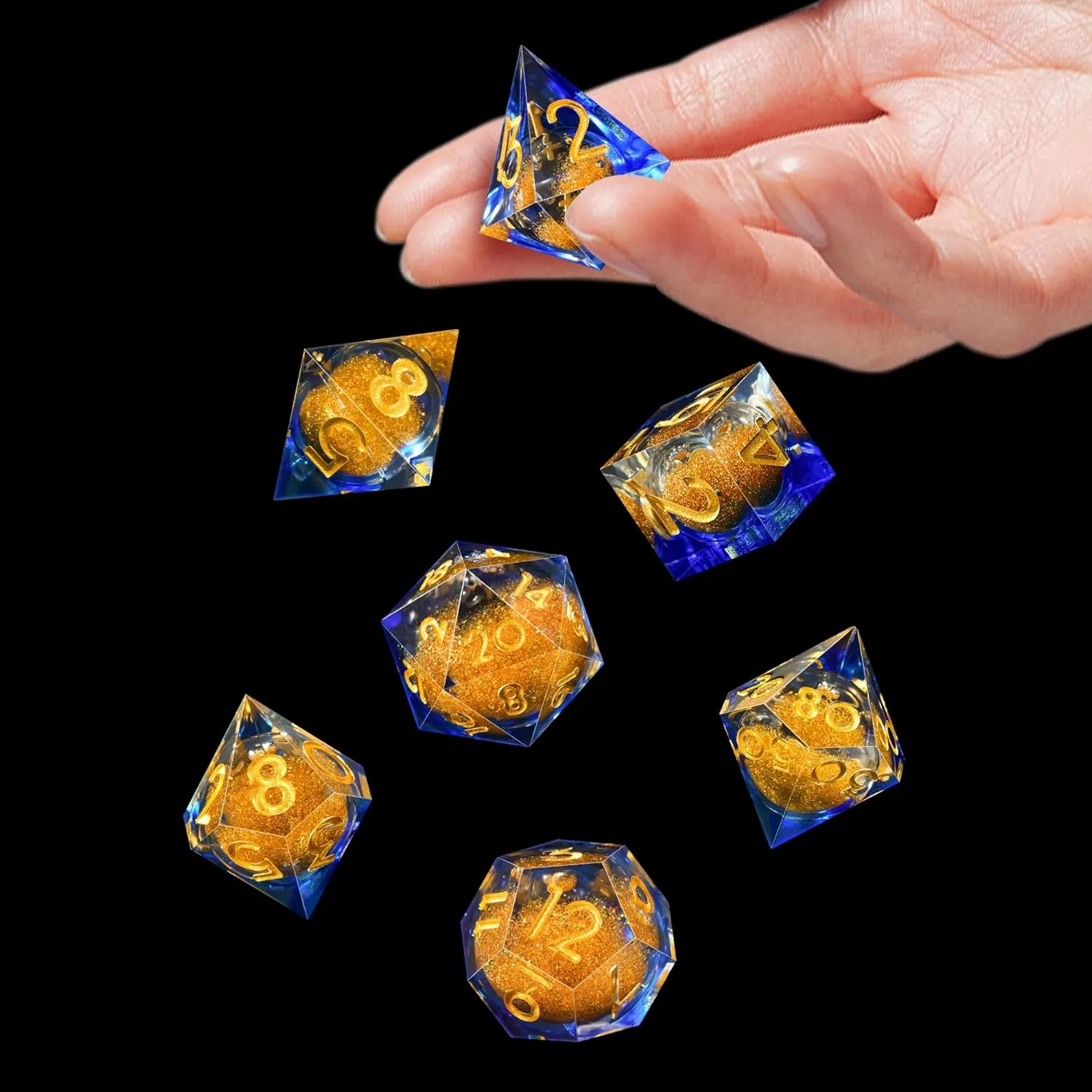 AUSTOR Liquid Core Resin DND Dice Sharp Edge Polyhedral Dice 7-Die DND Dice Set Quicksand Handmade Resin Dice for Dungeons and Dragons RPG MTG Table Games, Blue & Gold