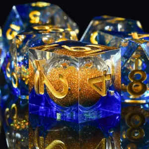 AUSTOR Liquid Core Resin DND Dice Sharp Edge Polyhedral Dice 7-Die DND Dice Set Quicksand Handmade Resin Dice for Dungeons and Dragons RPG MTG Table Games, Blue & Gold