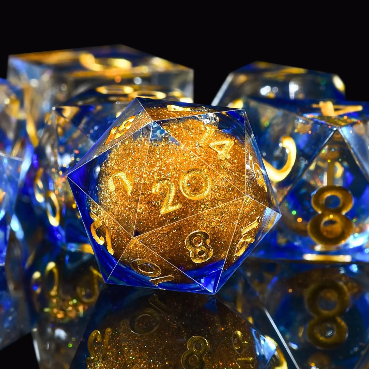 AUSTOR Liquid Core Resin DND Dice Sharp Edge Polyhedral Dice 7-Die DND Dice Set Quicksand Handmade Resin Dice for Dungeons and Dragons RPG MTG Table Games, Blue & Gold