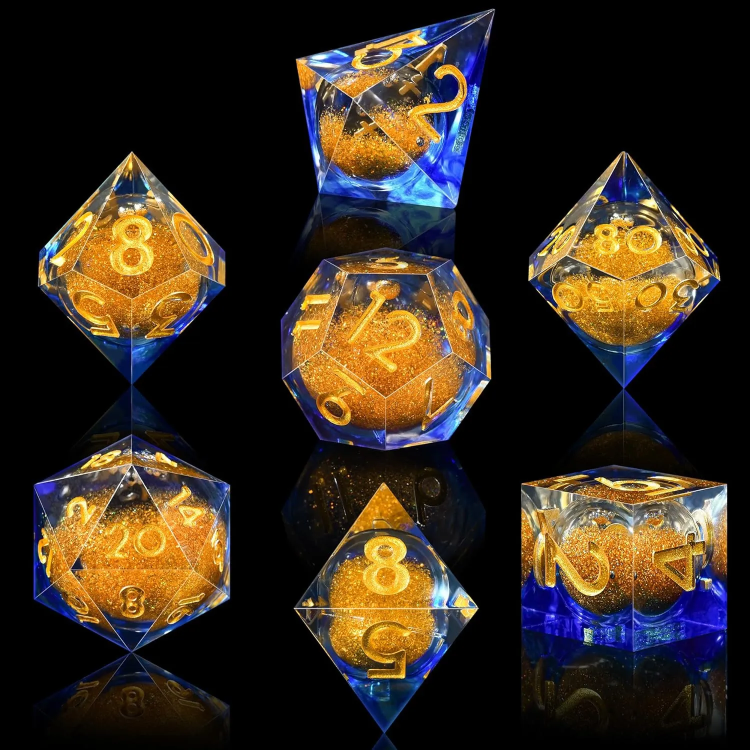 AUSTOR Liquid Core Resin DND Dice Sharp Edge Polyhedral Dice 7-Die DND Dice Set Quicksand Handmade Resin Dice for Dungeons and Dragons RPG MTG Table Games, Blue & Gold