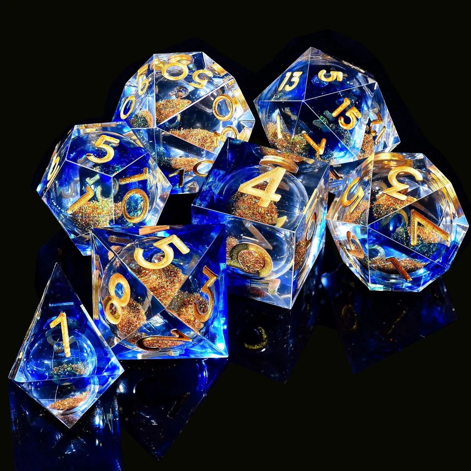 AUSTOR Liquid Core Resin DND Dice Sharp Edge Polyhedral Dice 7-Die DND Dice Set Quicksand Handmade Resin Dice for Dungeons and Dragons RPG MTG Table Games, Blue & Gold
