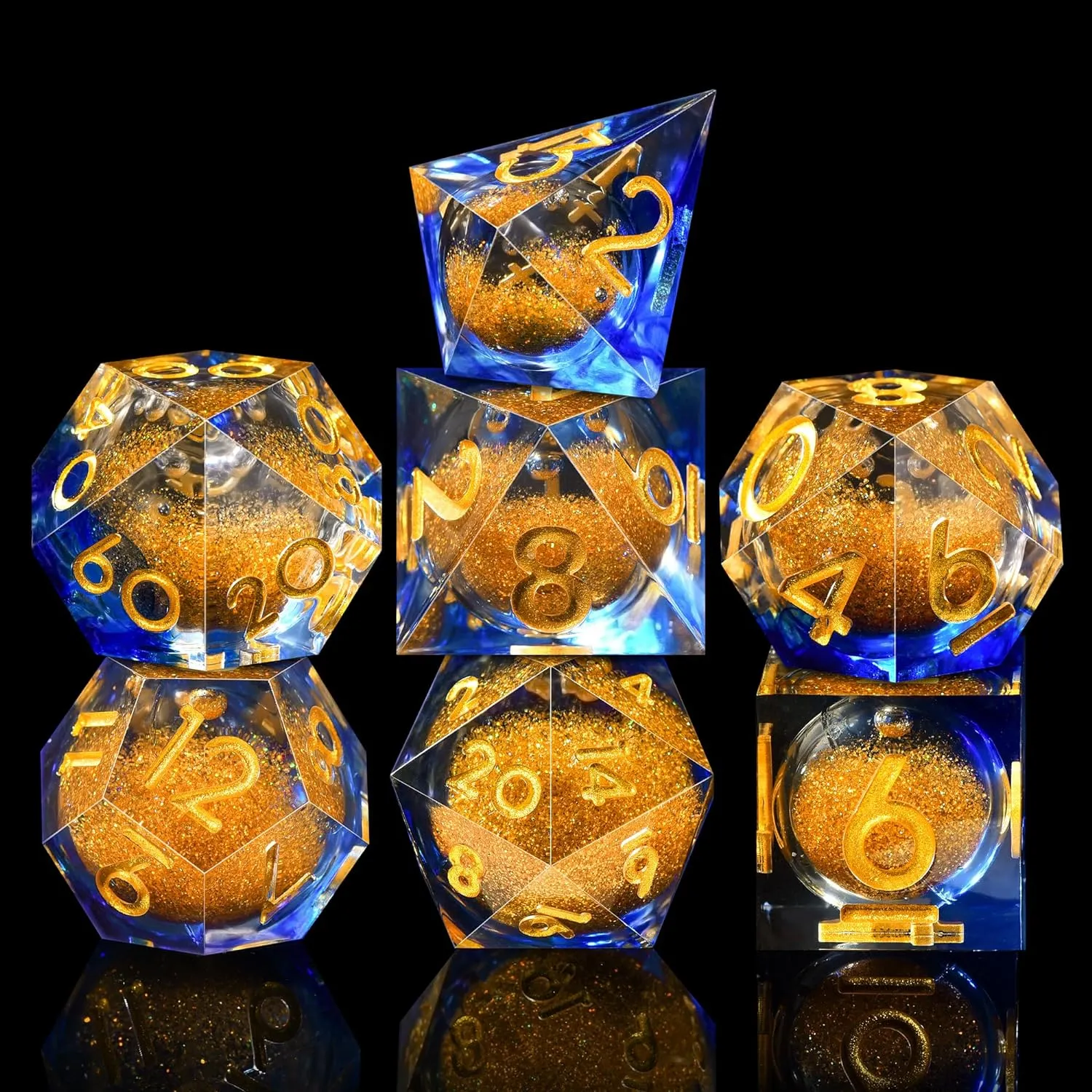 AUSTOR Liquid Core Resin DND Dice Sharp Edge Polyhedral Dice 7-Die DND Dice Set Quicksand Handmade Resin Dice for Dungeons and Dragons RPG MTG Table Games, Blue & Gold