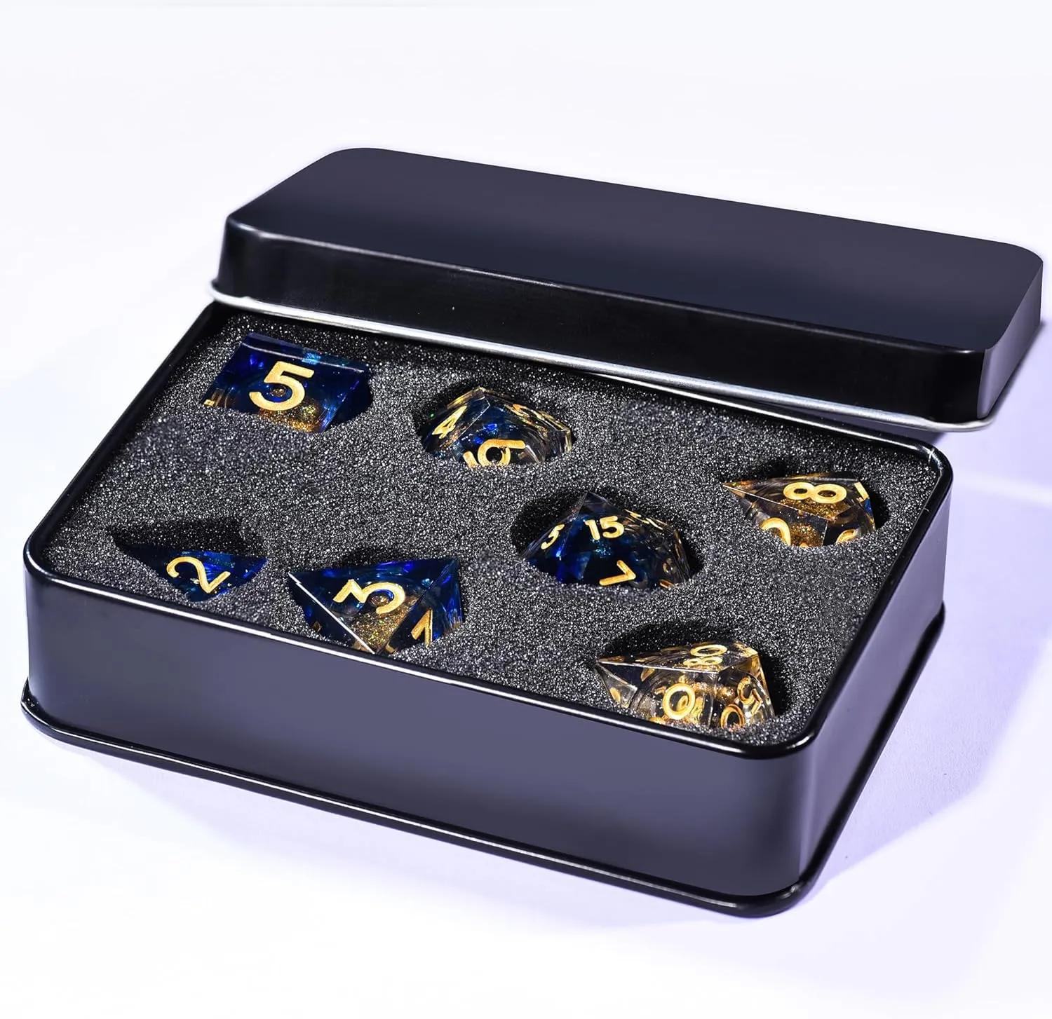 AUSTOR Liquid Core Resin DND Dice Sharp Edge Polyhedral Dice 7-Die DND Dice Set Quicksand Handmade Resin Dice for Dungeons and Dragons RPG MTG Table Games, Blue & Gold