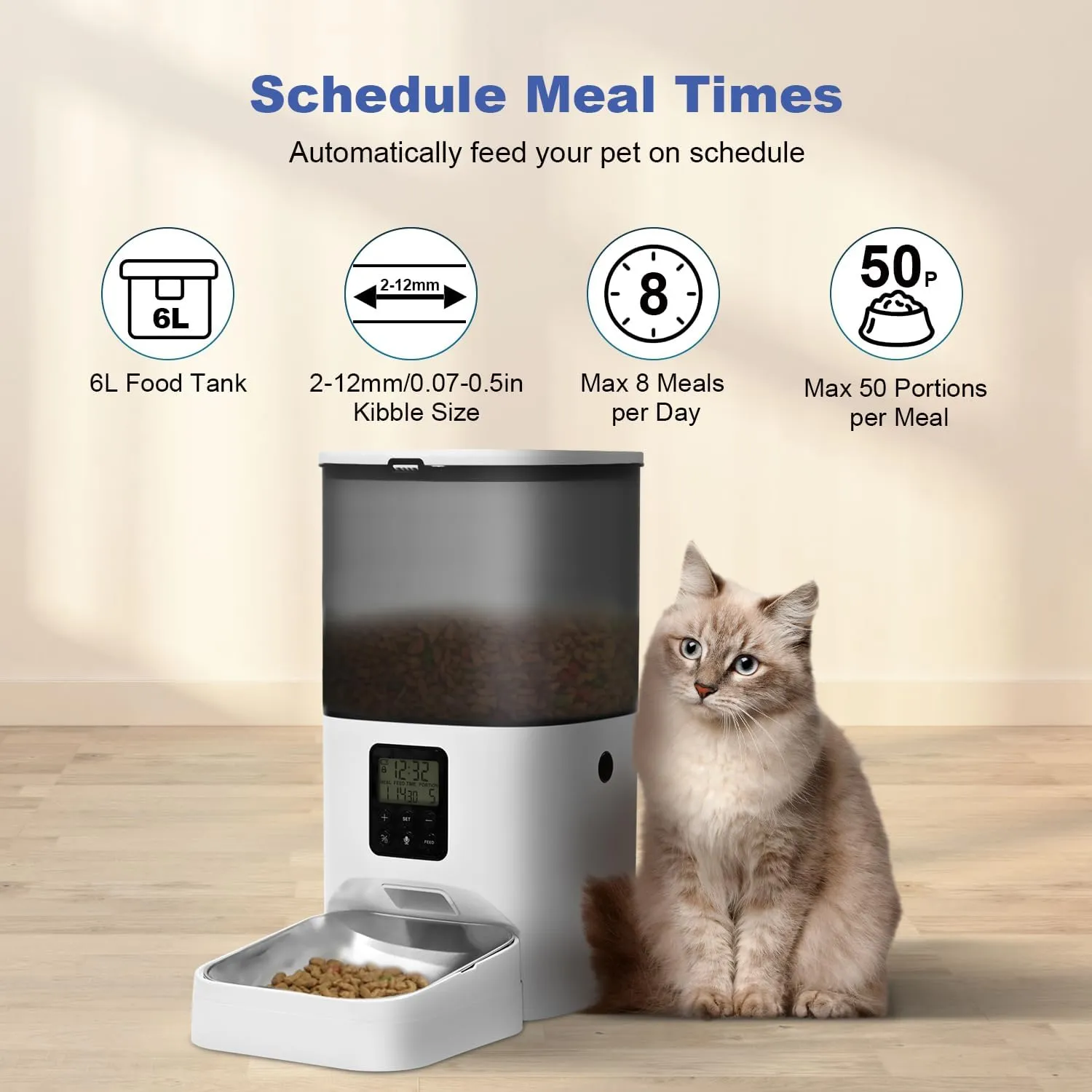 Automatic Cat Feeder, 6L Cat Food Dispenser with Timer Interactive Voice Recorder, Auto Cat Feeder with Desiccant Bag 1-8 Meals Dry Food, White Translucent