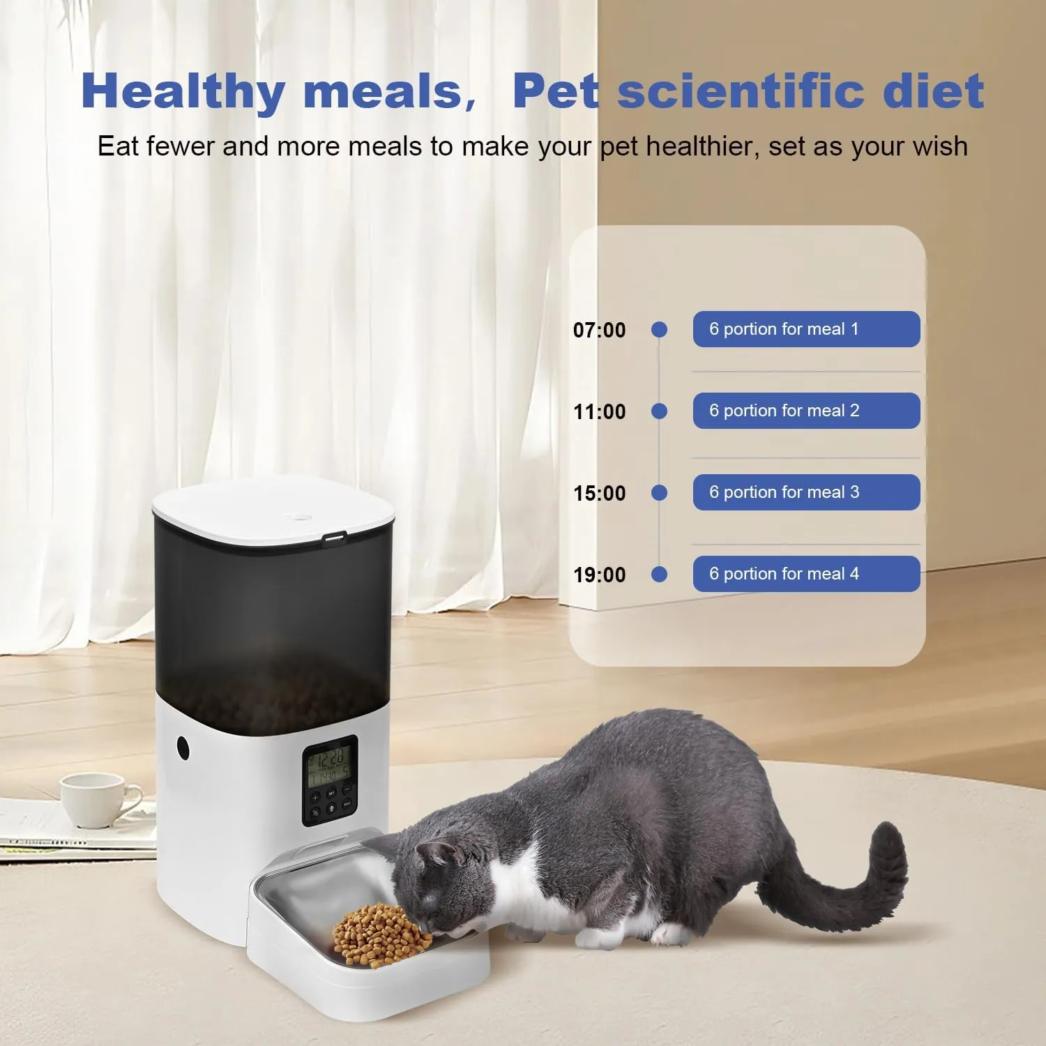 Automatic Cat Feeder, 6L Cat Food Dispenser with Timer Interactive Voice Recorder, Auto Cat Feeder with Desiccant Bag 1-8 Meals Dry Food, White Translucent