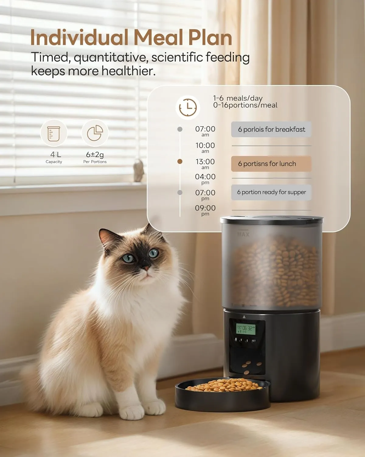 Automatic Cat Feeder Food Dispenser: 4L Timed Small Dog Dry Food Dispenser with 10s Voice - Distributeur Nourriture Chat Freinhund Programmable - Auto Pet Feeder with 1-6 Meals Per Day