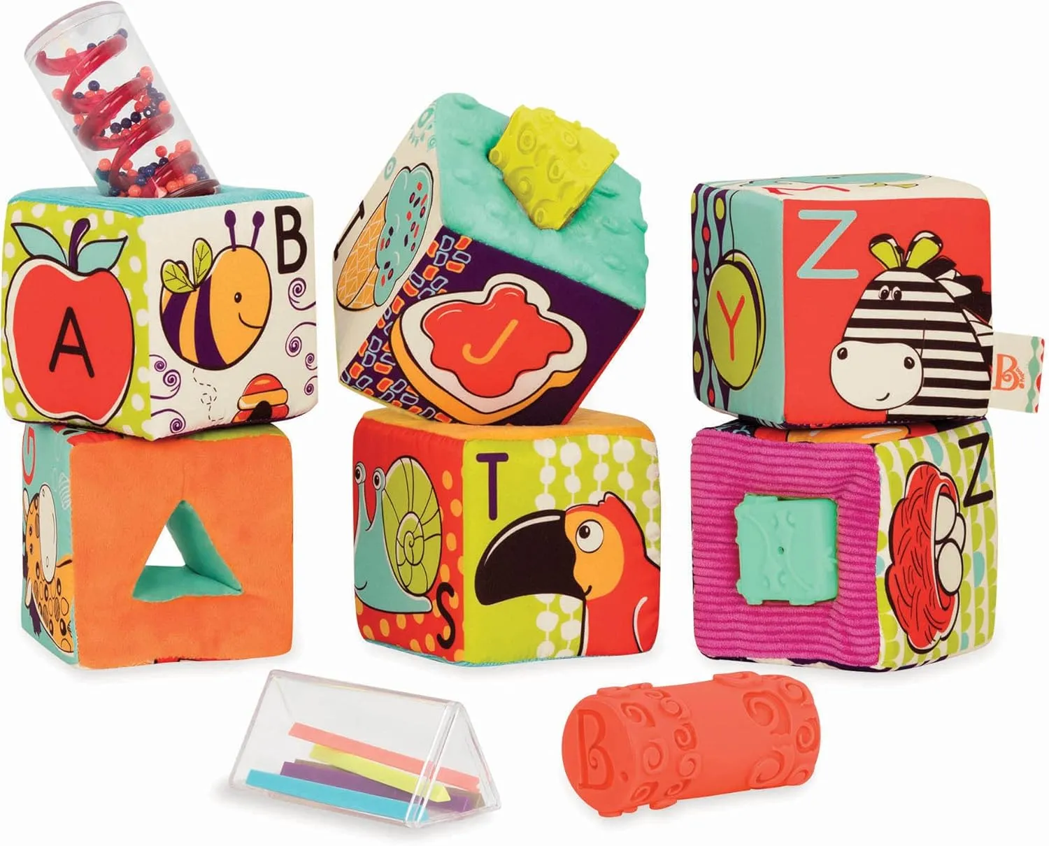 B. Toys Soft Fabric Building Blocks for Toddlers - Educational Alphabet Blocks with Textured Shapes - Stack & Play ABC Blocks for 6 Months 