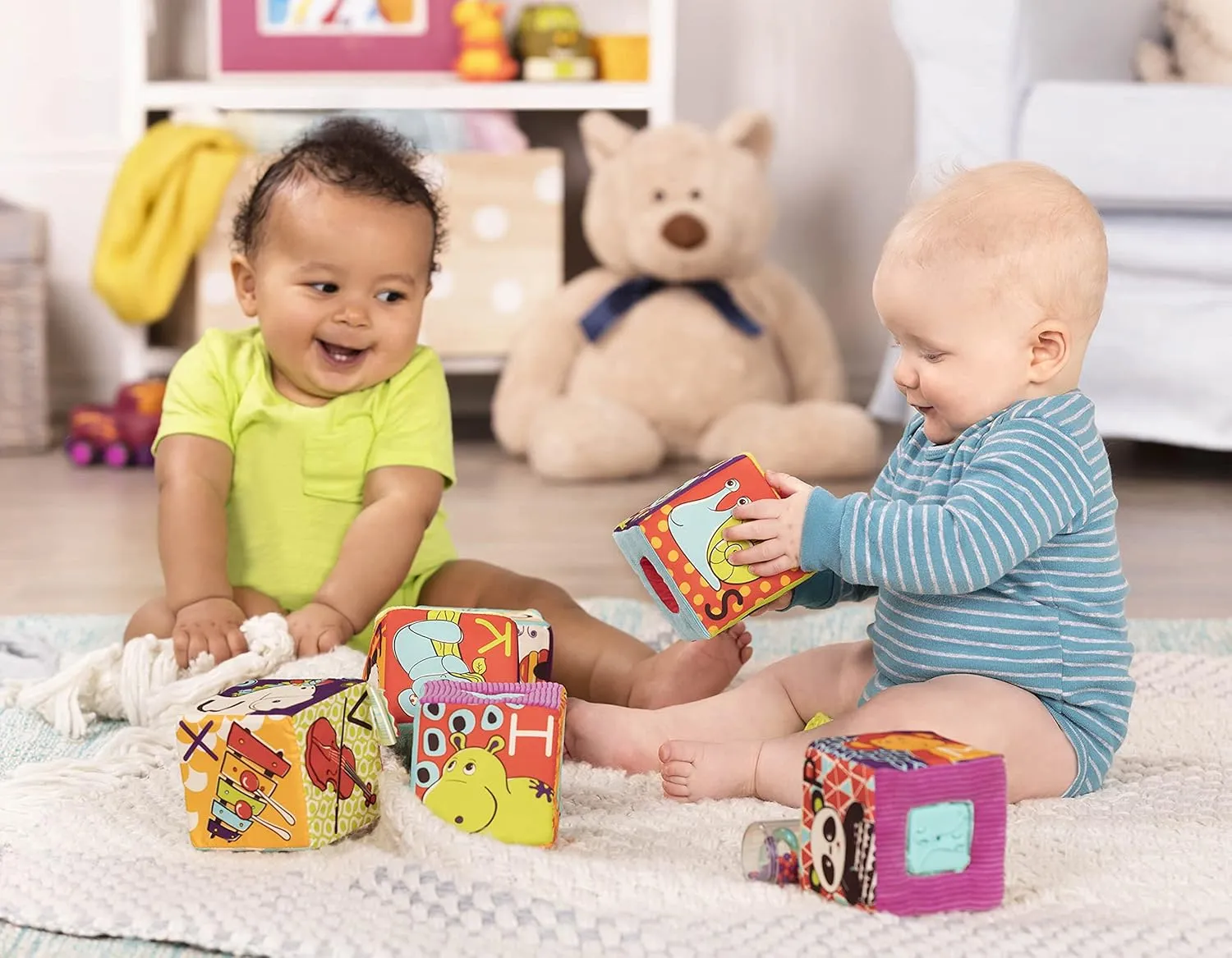 B. Toys Soft Fabric Building Blocks for Toddlers - Educational Alphabet Blocks with Textured Shapes - Stack & Play ABC Blocks for 6 Months 