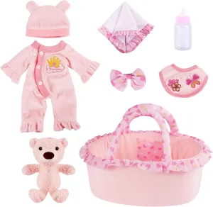 BABESIDE 8 Pcs Baby Doll Clothes Set with Bassinet for 8-10-12 Inch Dolls, Cute Bitty Baby Doll Accessories Set and Bear Toy for Realistic Newborn Baby Dolls Girl, Pink (Not Doll)