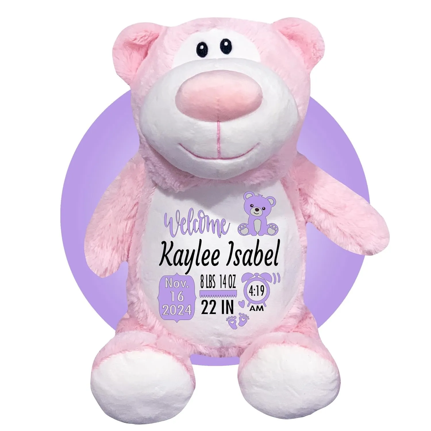 Baby Birth Stats Plush - Birth Announcement Stuffed Animals - Personalized Baby Keepsake - Baby Shower Gift - Birth Information Plush - Great 1st Stuffed Animal - Removable Cover (Pink Teddy Bear)