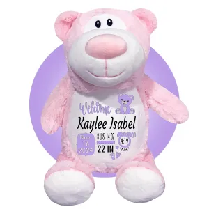 Baby Birth Stats Plush - Birth Announcement Stuffed Animals - Personalized Baby Keepsake - Baby Shower Gift - Birth Information Plush - Great 1st Stuffed Animal - Removable Cover (Pink Teddy Bear)