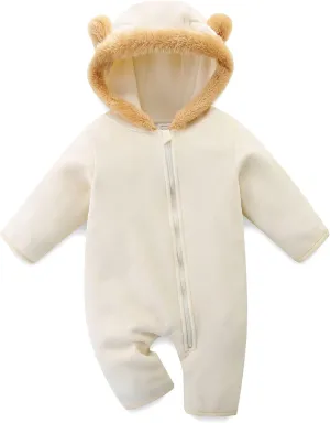 Baby Jumpsuit with Cute Bear Hoodie Hat Warm Fleece Lined Newborn One-piece Rompers for Winter 0-18 Month