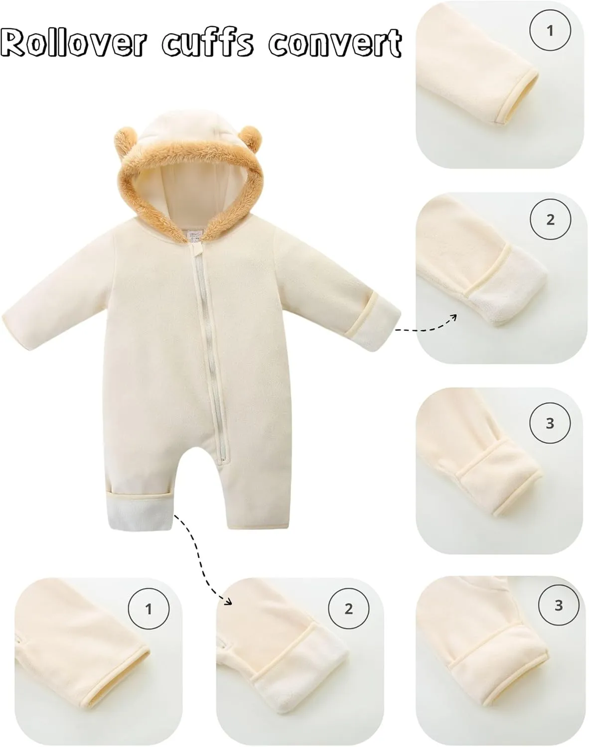 Baby Jumpsuit with Cute Bear Hoodie Hat Warm Fleece Lined Newborn One-piece Rompers for Winter 0-18 Month