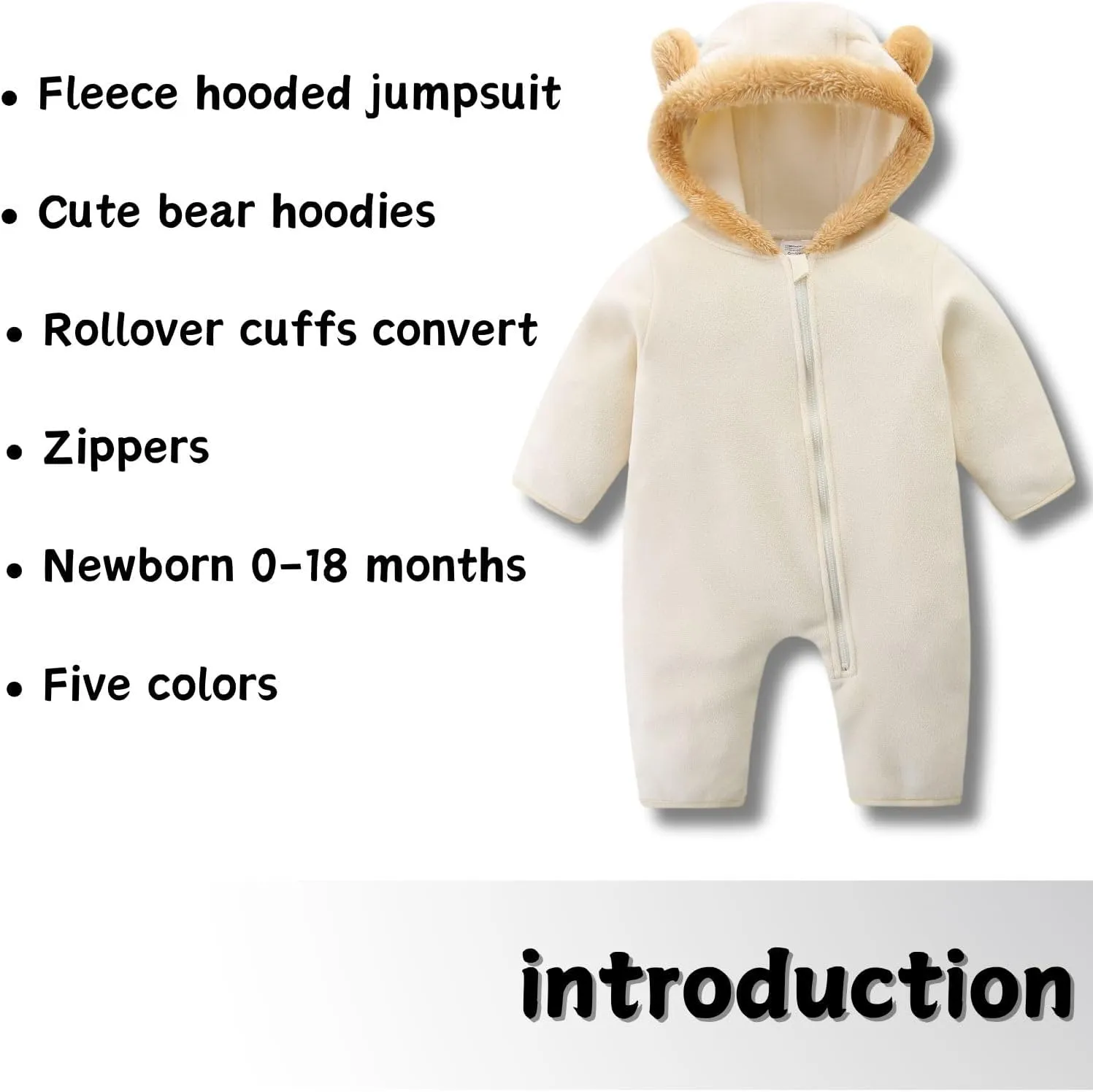 Baby Jumpsuit with Cute Bear Hoodie Hat Warm Fleece Lined Newborn One-piece Rompers for Winter 0-18 Month