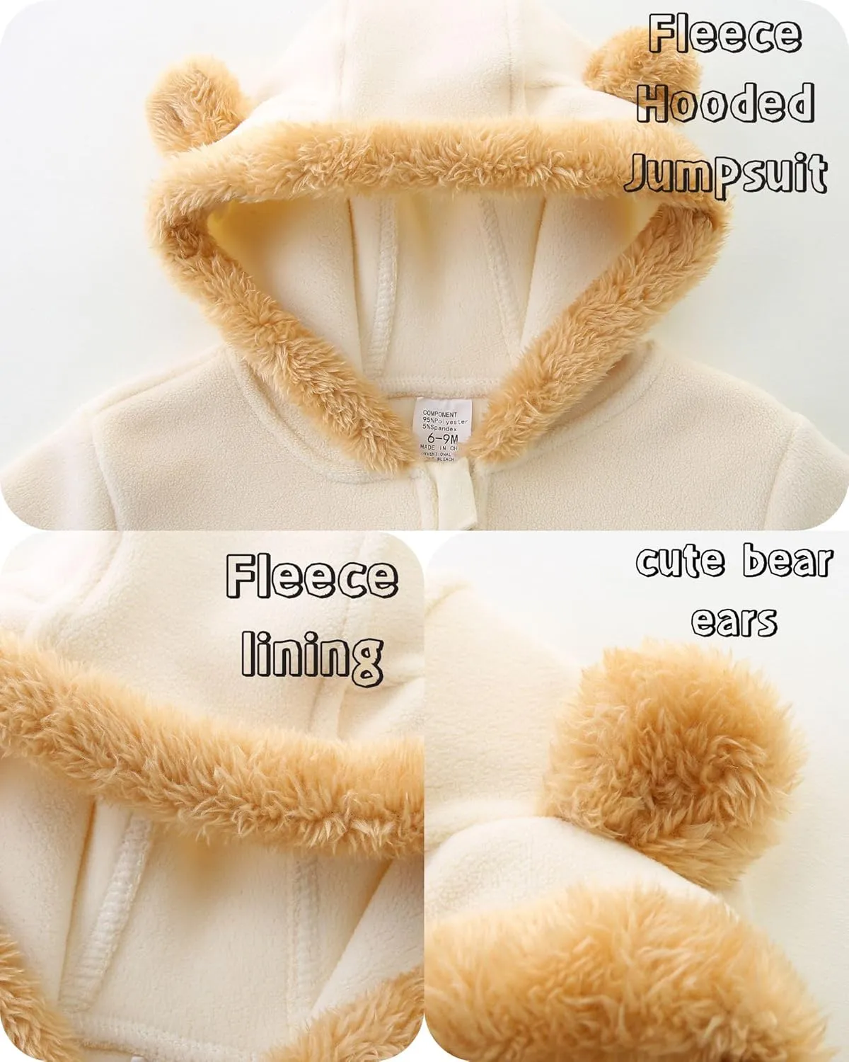Baby Jumpsuit with Cute Bear Hoodie Hat Warm Fleece Lined Newborn One-piece Rompers for Winter 0-18 Month