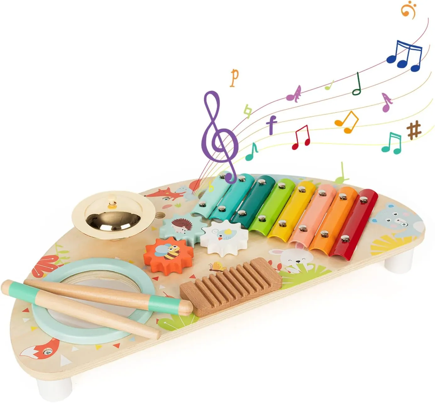 Baby Toys Musical Instruments, Rundad All-in-one Wooden Montessori Musical Set for 1&2Y (Includes Xylophone Drum Cymbal Guiro Gears), Gifts for 1  Year Old Girl Preschool