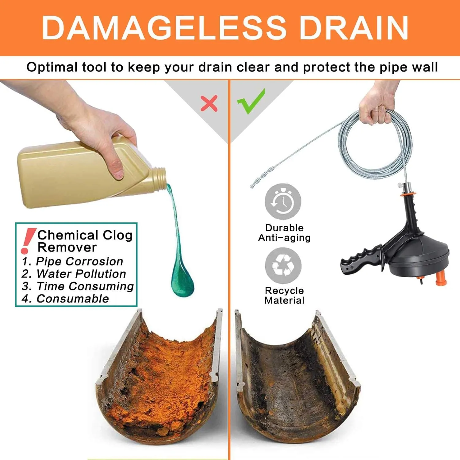 BACOENG 25Ft Drain Auger, Heavy Duty Plumbing Snake with Drill Adapter, Use Manually or Powered for Drain Clog, Shower Sink, Comes with Gloves and Bag (Orange)