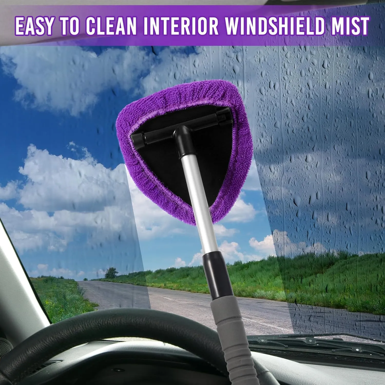 Baderke 10 Pcs Windshield Cleaner Tool Car Window Cleaning Supplies with Extendable Handle Include 6 Washable Microfiber Bonnets 2 Empty 60ml Spray Bottle Glass Wiper Kit(Purple)