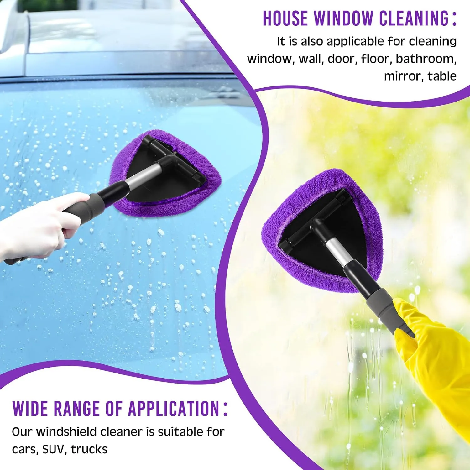 Baderke 10 Pcs Windshield Cleaner Tool Car Window Cleaning Supplies with Extendable Handle Include 6 Washable Microfiber Bonnets 2 Empty 60ml Spray Bottle Glass Wiper Kit(Purple)
