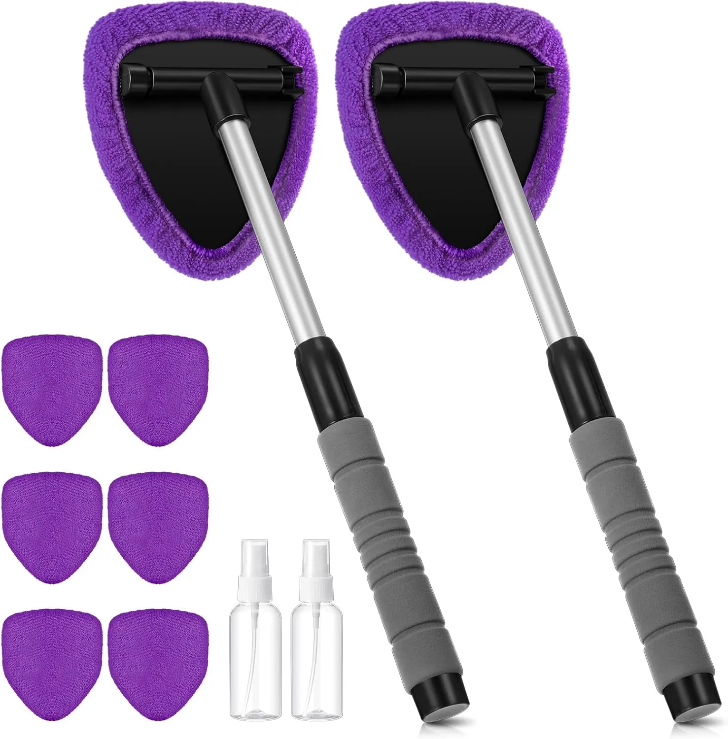 Baderke 10 Pcs Windshield Cleaner Tool Car Window Cleaning Supplies with Extendable Handle Include 6 Washable Microfiber Bonnets 2 Empty 60ml Spray Bottle Glass Wiper Kit(Purple)