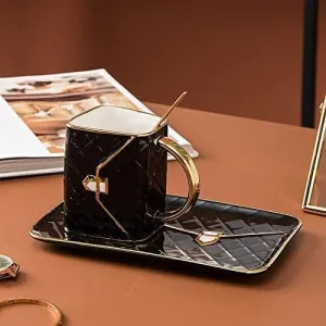 Bag Shaped Mug Luruxy Coffee Cup Creative Tote Handbag Shape Cups Saucer Set Dessert Afternoon Tea Mugs Drinkware (black)
