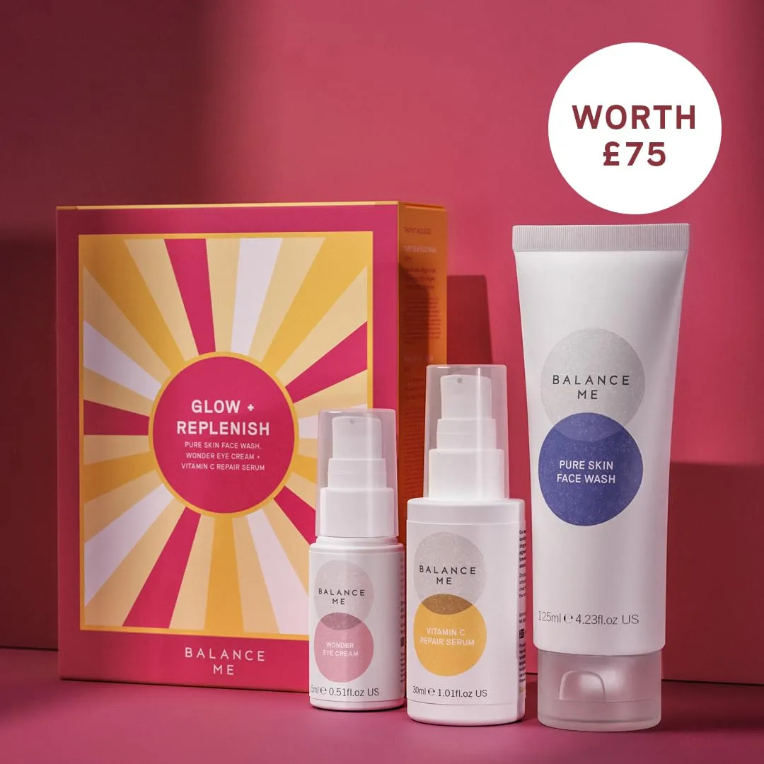 Balance Me Glow   Replenish Skin Care Set, Includes Vitamin C Repair Serum, Pure Skin Face Wash, Wonder Eye Cream, Gift Set for Women