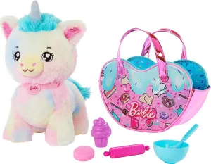 Barbie Plush Toy Set, Unicorn Stuffed Animal with Dessert-Themed Purse & 5 Accessories, Chef Pet Adventure