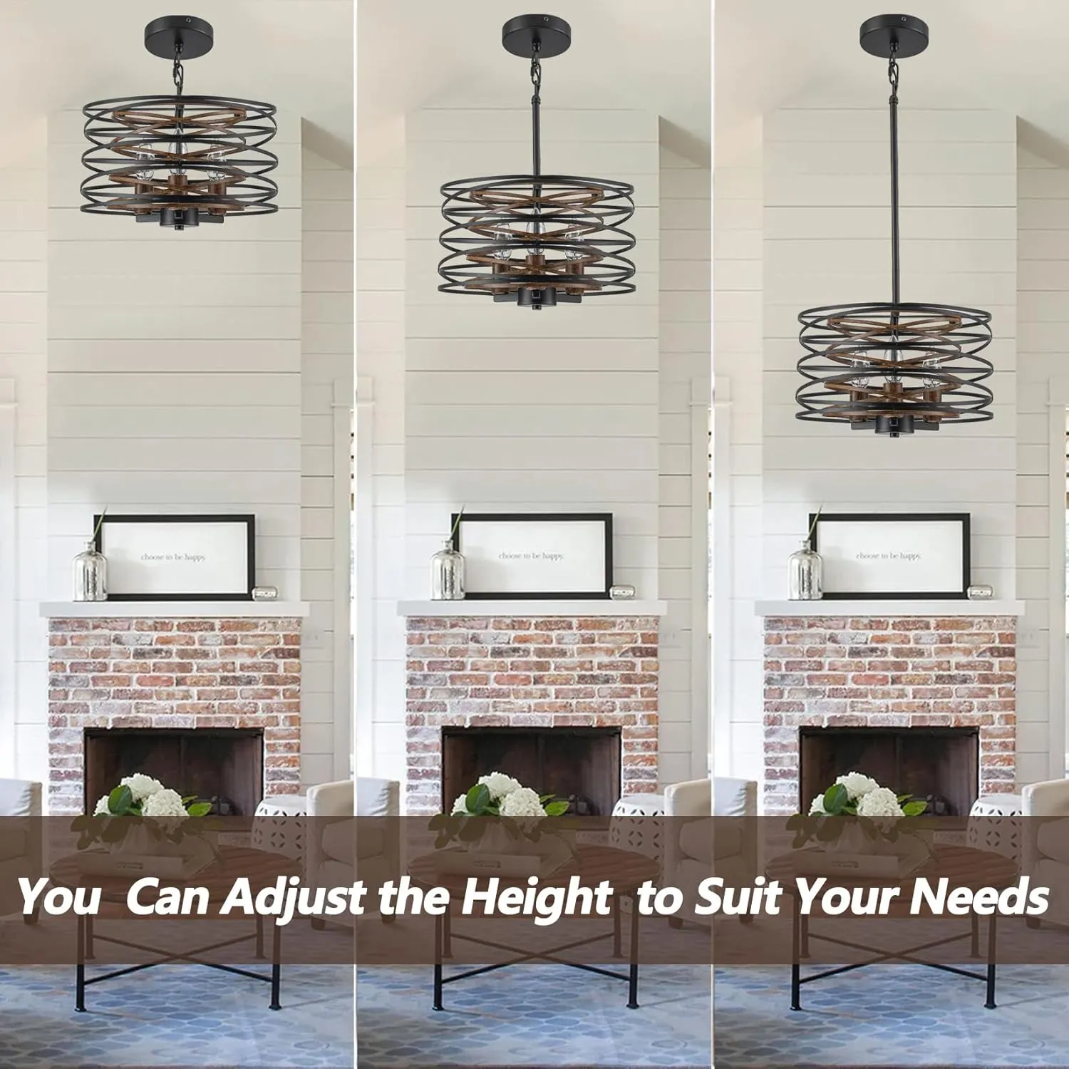 Bargeni Chandelier,13 Inch Dining Room Light Fixture,Matte Black Finish with Wood-Like Interior,Adjustable Height Farmhouse Chandelier for Kitchen Island,Bedroom,Living Room,Foyer