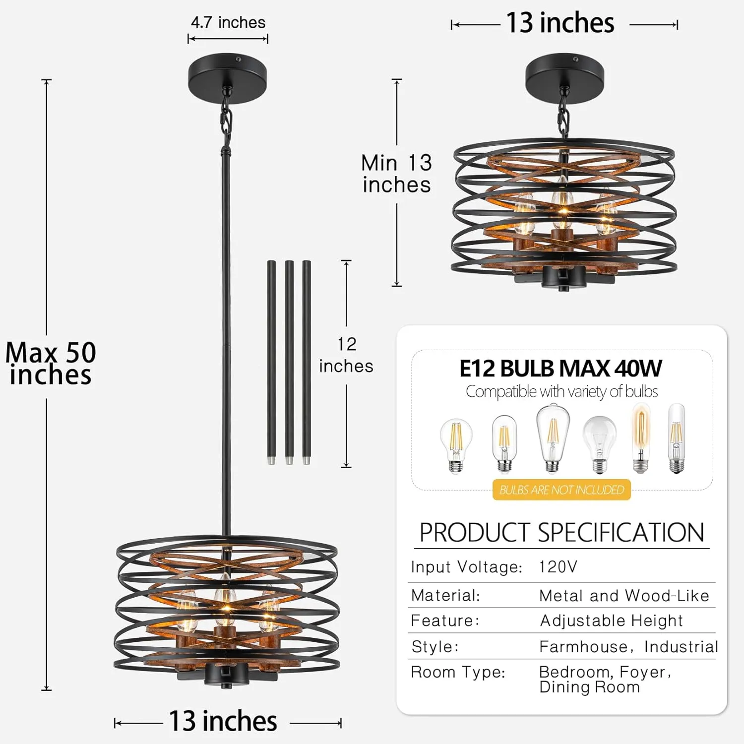 Bargeni Chandelier,13 Inch Dining Room Light Fixture,Matte Black Finish with Wood-Like Interior,Adjustable Height Farmhouse Chandelier for Kitchen Island,Bedroom,Living Room,Foyer