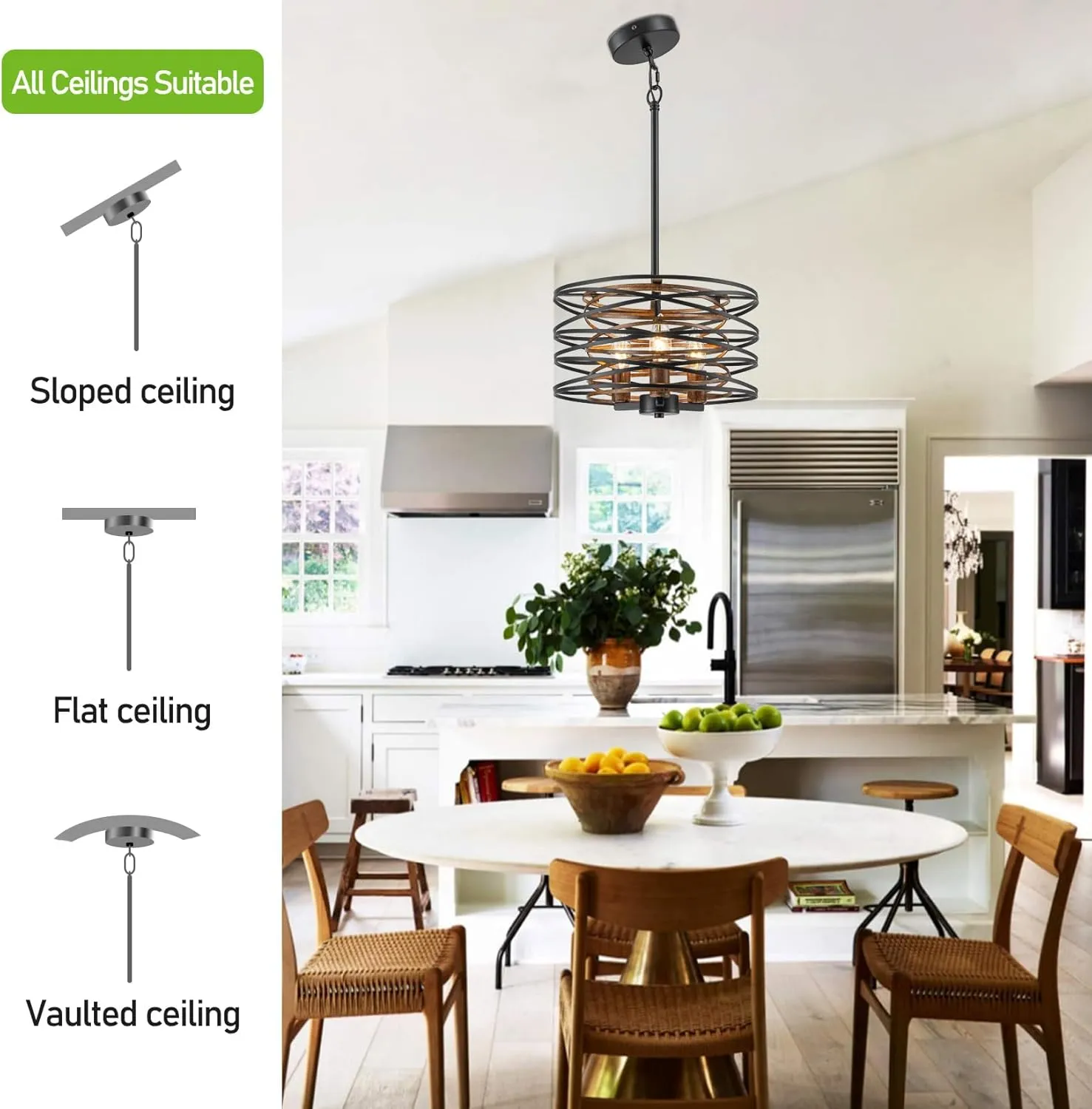 Bargeni Chandelier,13 Inch Dining Room Light Fixture,Matte Black Finish with Wood-Like Interior,Adjustable Height Farmhouse Chandelier for Kitchen Island,Bedroom,Living Room,Foyer