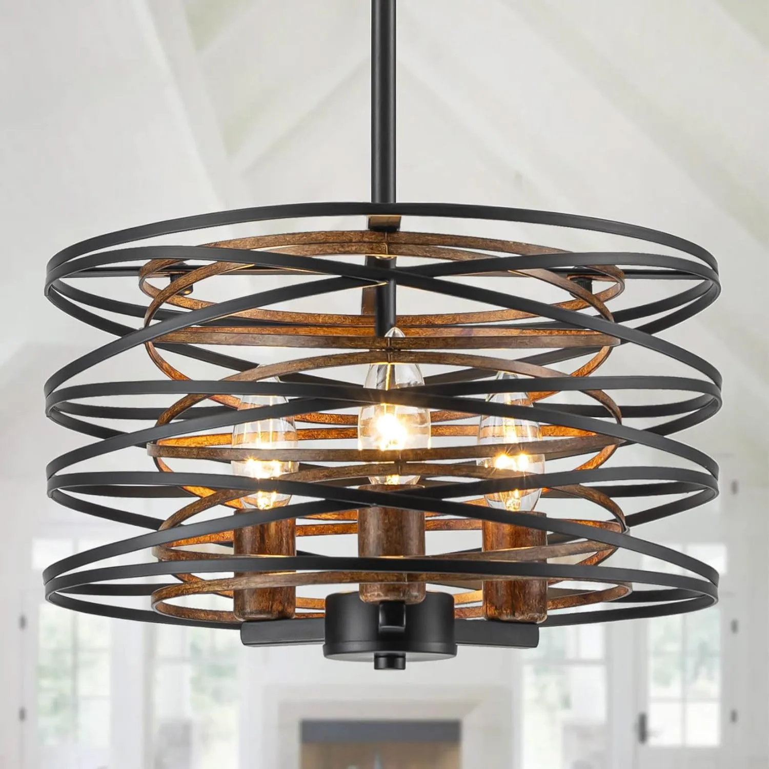 Bargeni Chandelier,13 Inch Dining Room Light Fixture,Matte Black Finish with Wood-Like Interior,Adjustable Height Farmhouse Chandelier for Kitchen Island,Bedroom,Living Room,Foyer