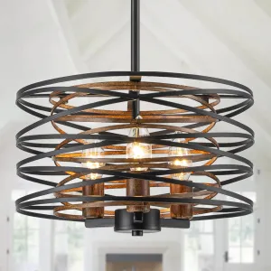 Bargeni Chandelier,13 Inch Dining Room Light Fixture,Matte Black Finish with Wood-Like Interior,Adjustable Height Farmhouse Chandelier for Kitchen Island,Bedroom,Living Room,Foyer
