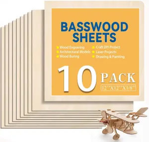 Basswood Sheets 1/8 x 12 x 12 inch - 3mm Plywood Sheets Unfinished Wood Laser Wood Square Board for DIY Crafts, Laser Cutting, Wood Burning, Painting, Model Carving,CNC Cutting (1)