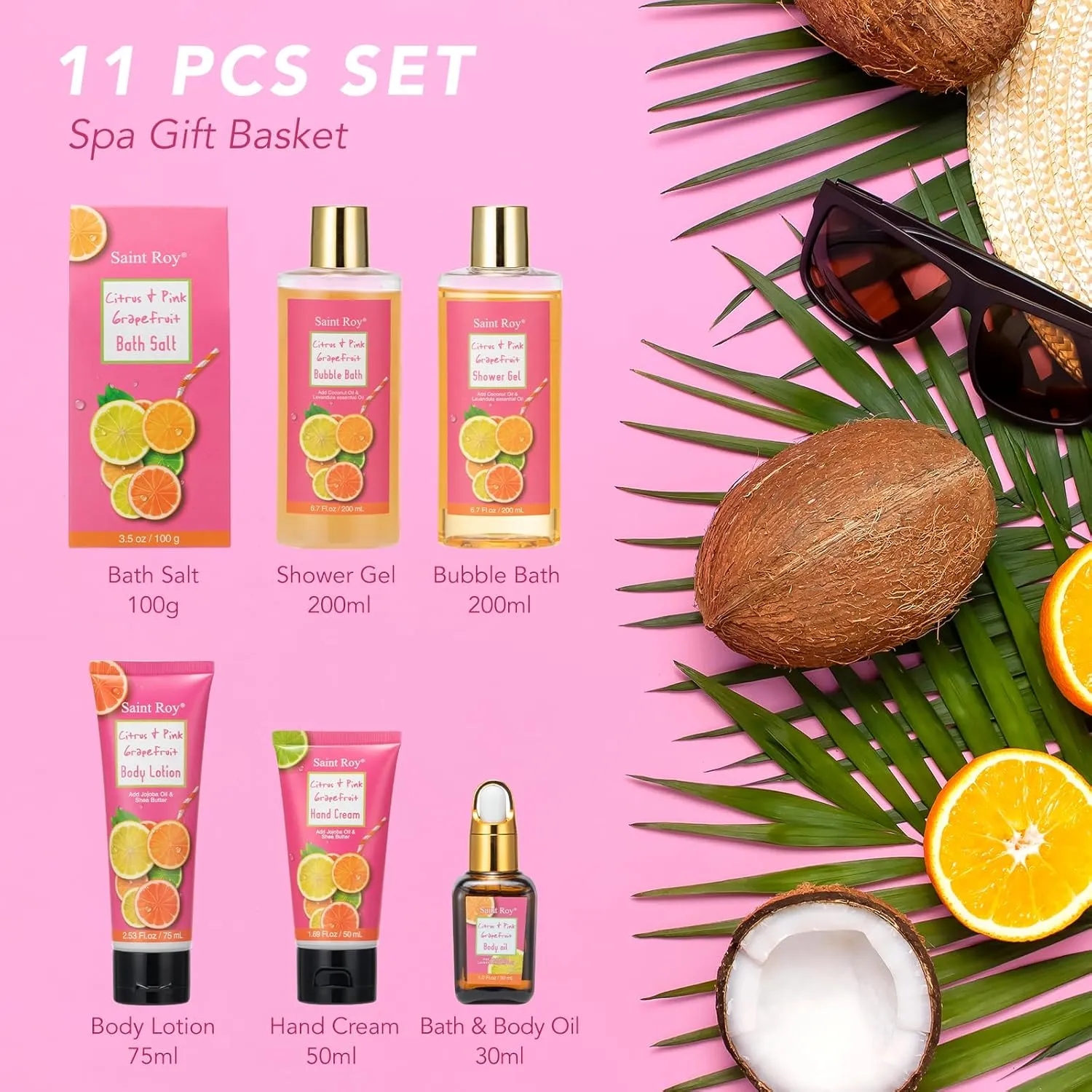 Bath & Body Gift Set, Luxury Home Spa Bath Gift Basket Citrus & Pink Grapefruit Spa Kit Gift Woman, 11 Pcs Self Care Kit Gifts With Bubble Bath, Massage Oil, Bath Brush, Birthday Gifts for Women
