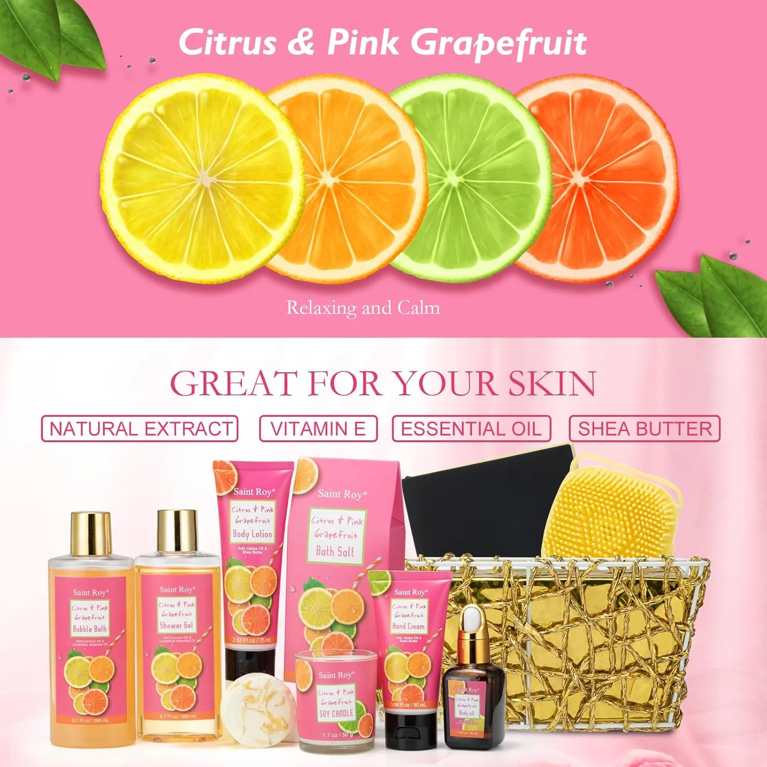 Bath & Body Gift Set, Luxury Home Spa Bath Gift Basket Citrus & Pink Grapefruit Spa Kit Gift Woman, 11 Pcs Self Care Kit Gifts With Bubble Bath, Massage Oil, Bath Brush, Birthday Gifts for Women
