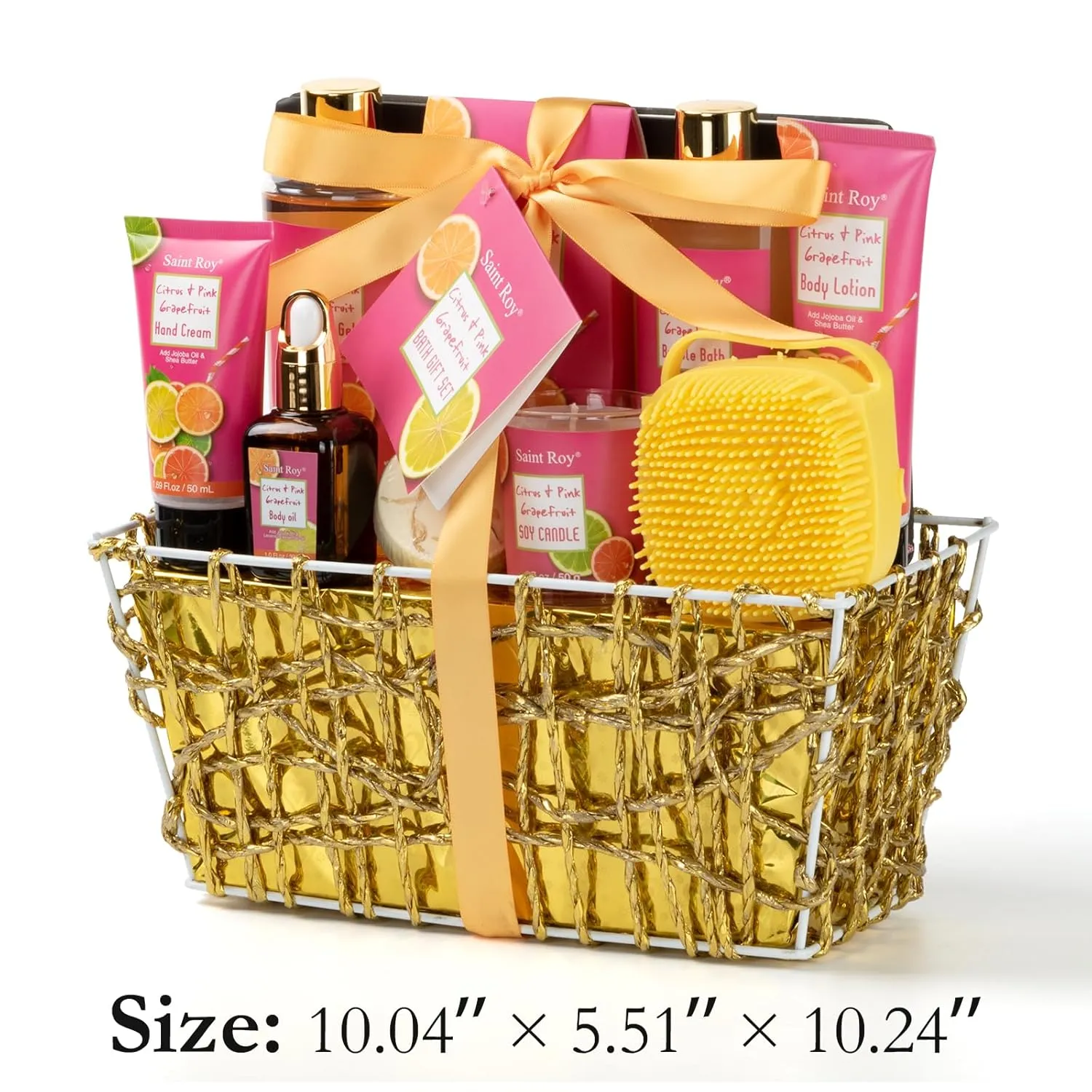 Bath & Body Gift Set, Luxury Home Spa Bath Gift Basket Citrus & Pink Grapefruit Spa Kit Gift Woman, 11 Pcs Self Care Kit Gifts With Bubble Bath, Massage Oil, Bath Brush, Birthday Gifts for Women