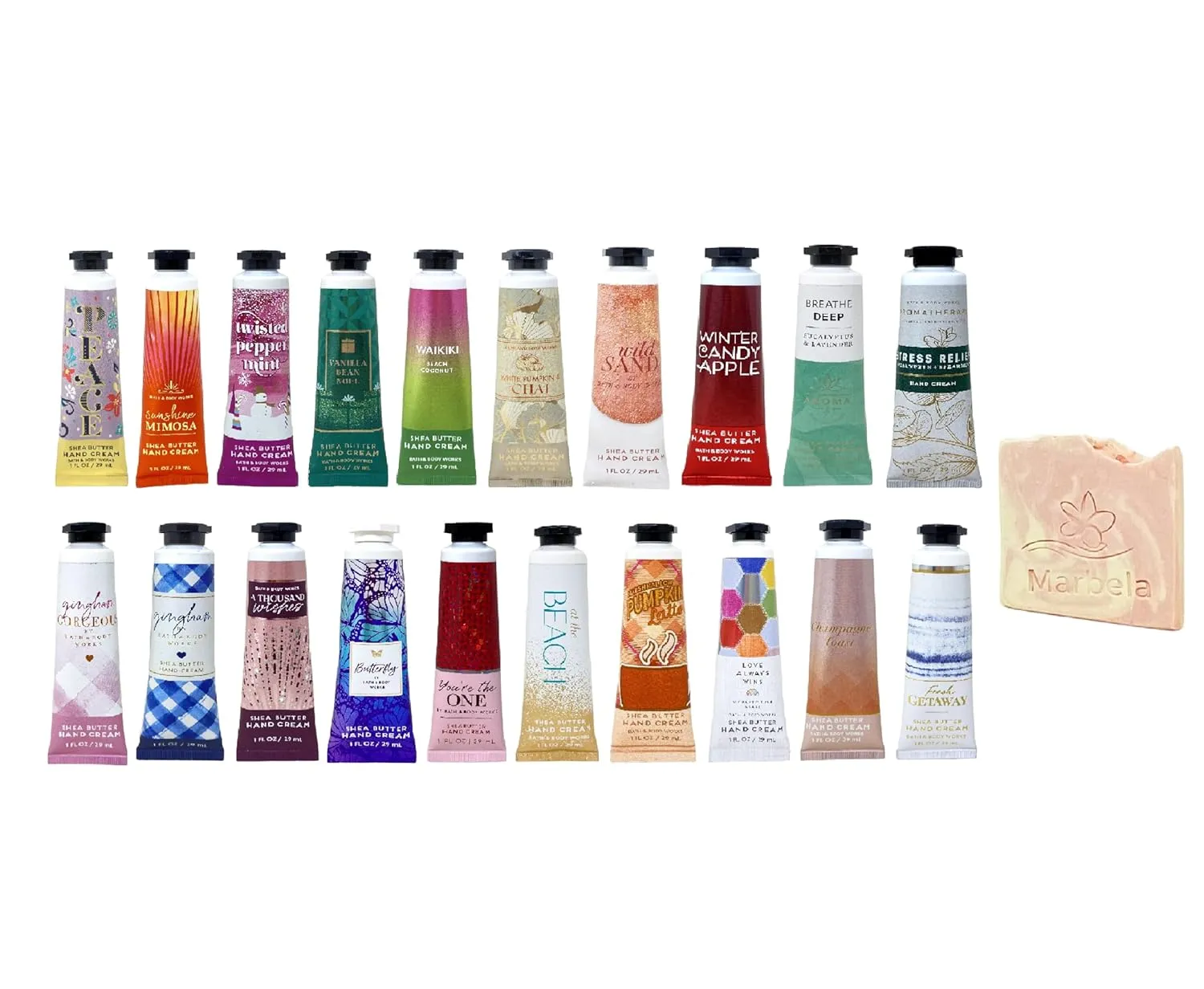 Bath & Body Works 6 Pack Assorted Hand Cream Set with a Himalayan Salts Springs Sample Soap