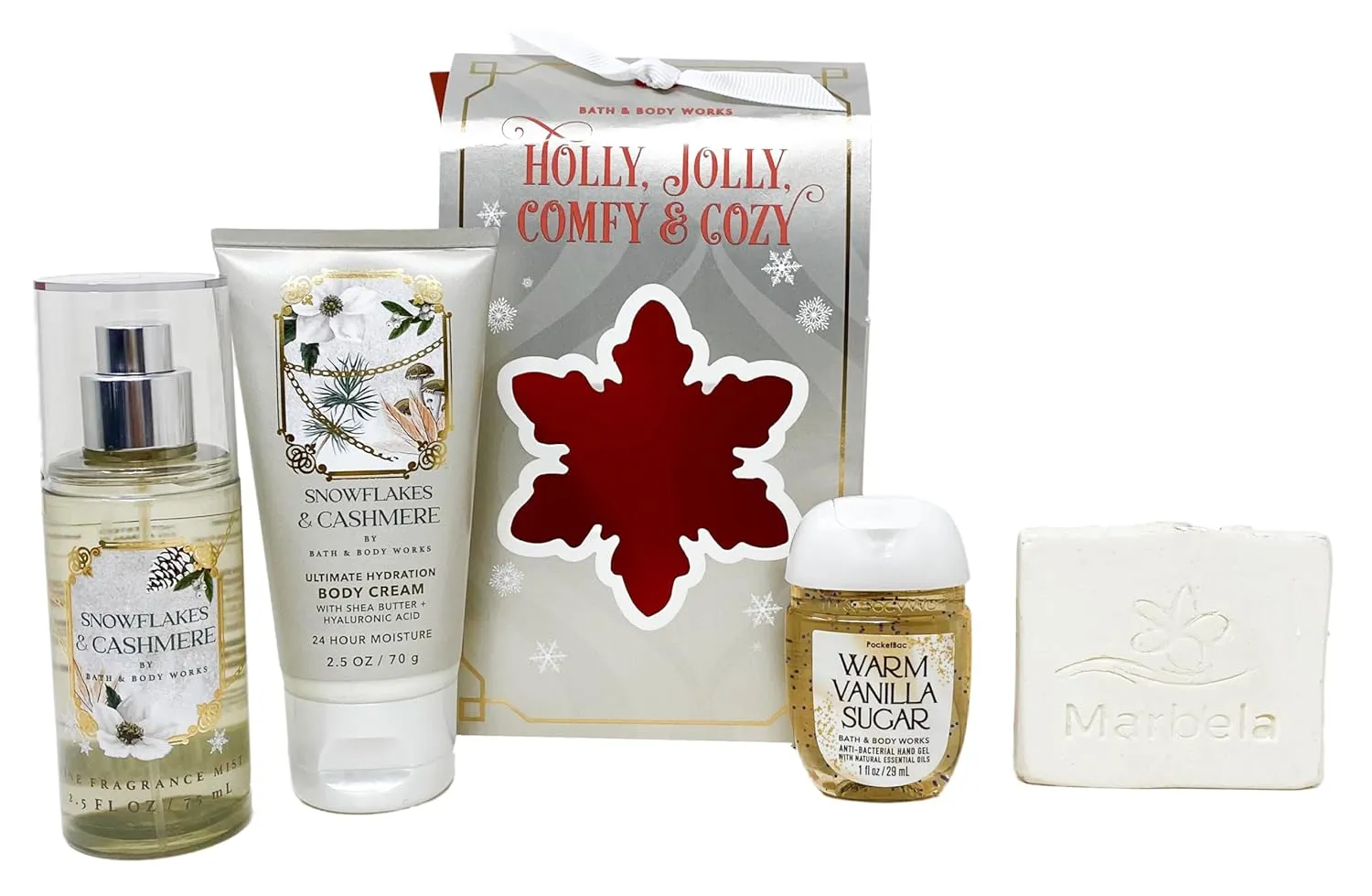 Bath & Body Works Holly, Jolly, Comfy & Cozy - Mini Gift Box Set - Snowflakes & Cashmere Fine Fragrance Mist,Body Cream and Warm Vanilla Sugar Pocket Hand Gel With a Natural Oats Sample Soap., white
