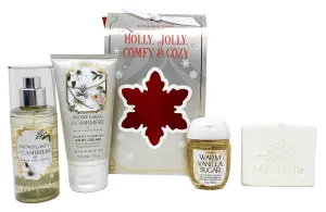 Bath & Body Works Holly, Jolly, Comfy & Cozy - Mini Gift Box Set - Snowflakes & Cashmere Fine Fragrance Mist,Body Cream and Warm Vanilla Sugar Pocket Hand Gel With a Natural Oats Sample Soap., white