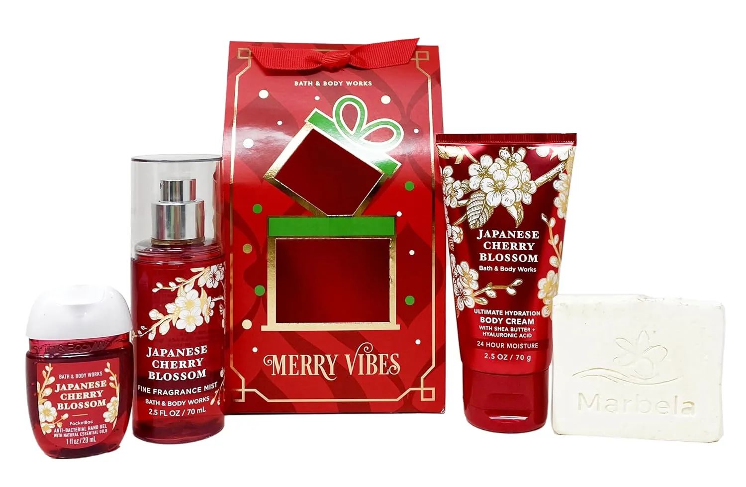 Bath & Body Works Japanese Cherry Blossom - Mini Gift Set - Fine Fragrance Mist, Body Cream and Hand Gel With a Natural Oats Sample Soap.