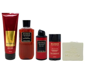 Bath & Body Works Men's Collection Bourbon Deluxe Gift Set - Body Cream, Body Wash, Body Spray and Antiperspirant Deodorant with a Natural Oats Bar Soap - Full Size