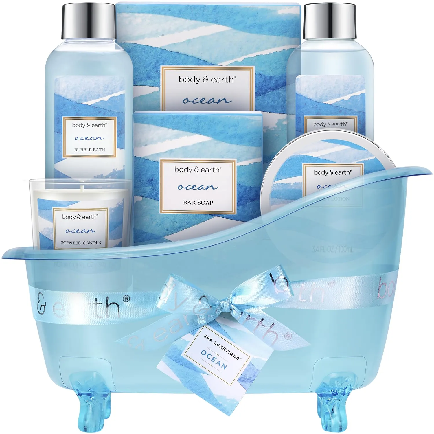 Bath and Body Gift Set for Women, Body & Earth Ocean Gift Basket, 7 Pcs Bath Sets for Women Gift with Bubble Bath, Body Lotion, Scented Candle, Spa Kit for Women, Christmas Gifts for Mom